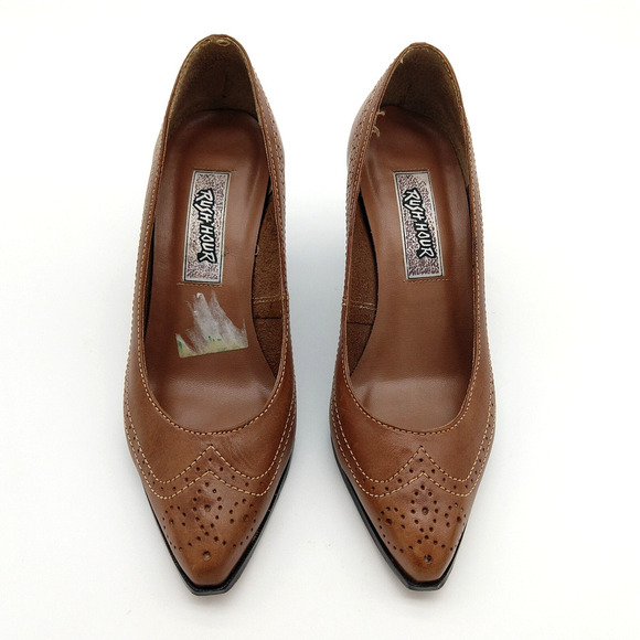 Vintage 80s does 40s Wingtip Heels Size 7.5 Brown Leather Retro Pin Up Corpcore - Picture 3 of 10